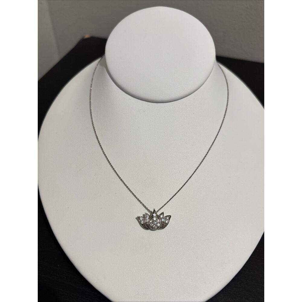 925 Sterling Silver Lotus Flower Necklace Crystal Diamond Rhinestone 16”-18”